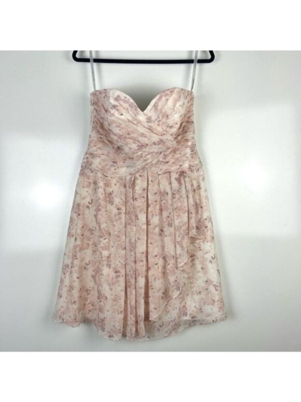 David's Bridal Strapless Short Crinkle Chiffon Dress Floral Print Women's 10